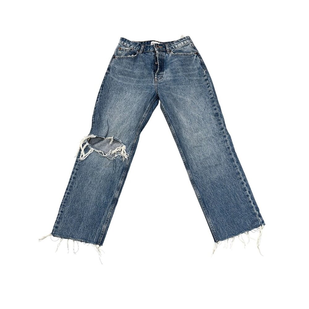 Zara Womens High-Waisted Distressed Blue Denim Jeans W/ Raw Hem & Button Fly